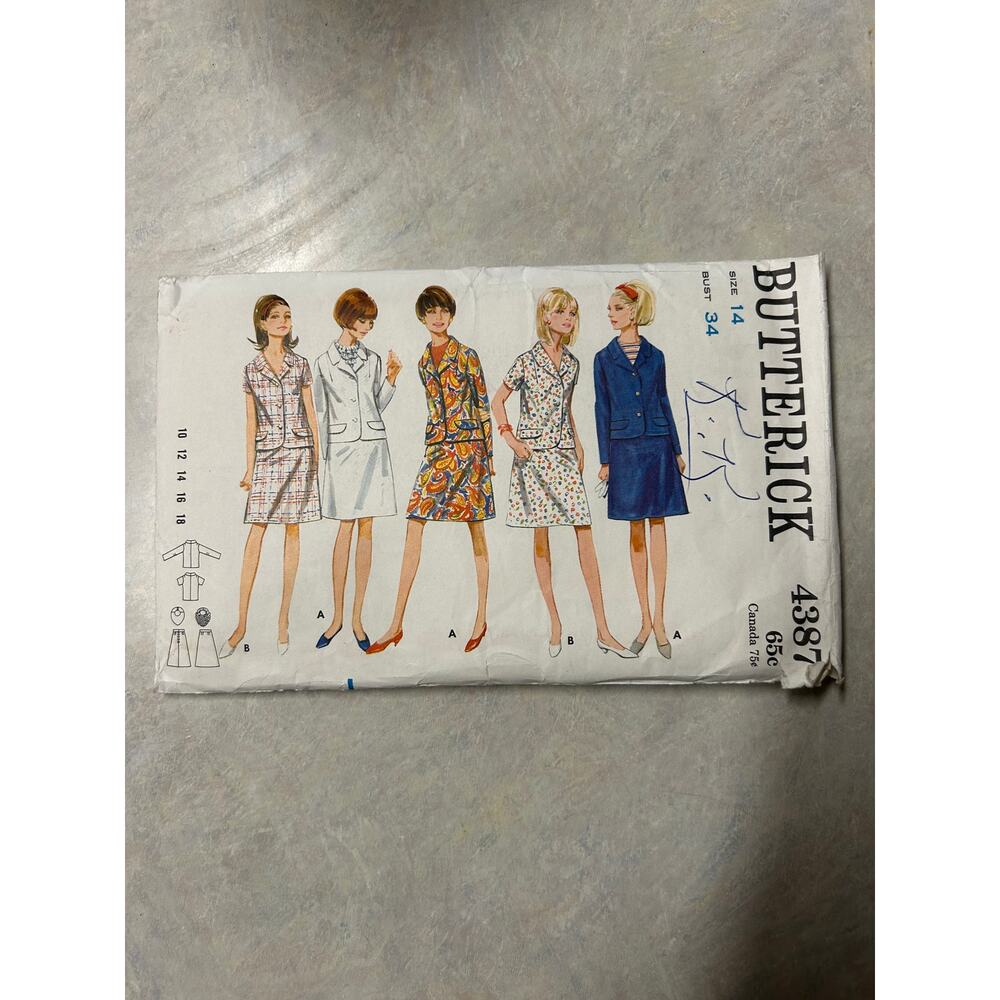 Vintage 1960's Butterick Pattern #4387 Jacket and Skirt Size 14